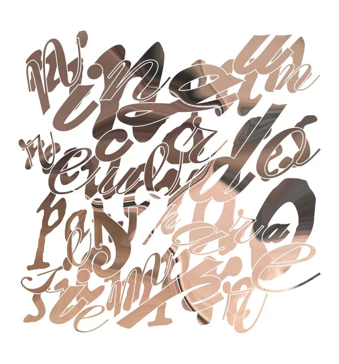 Abstract digital artwork with overlapping cursive text in shades of beige, brown, black, and pink on a white background.