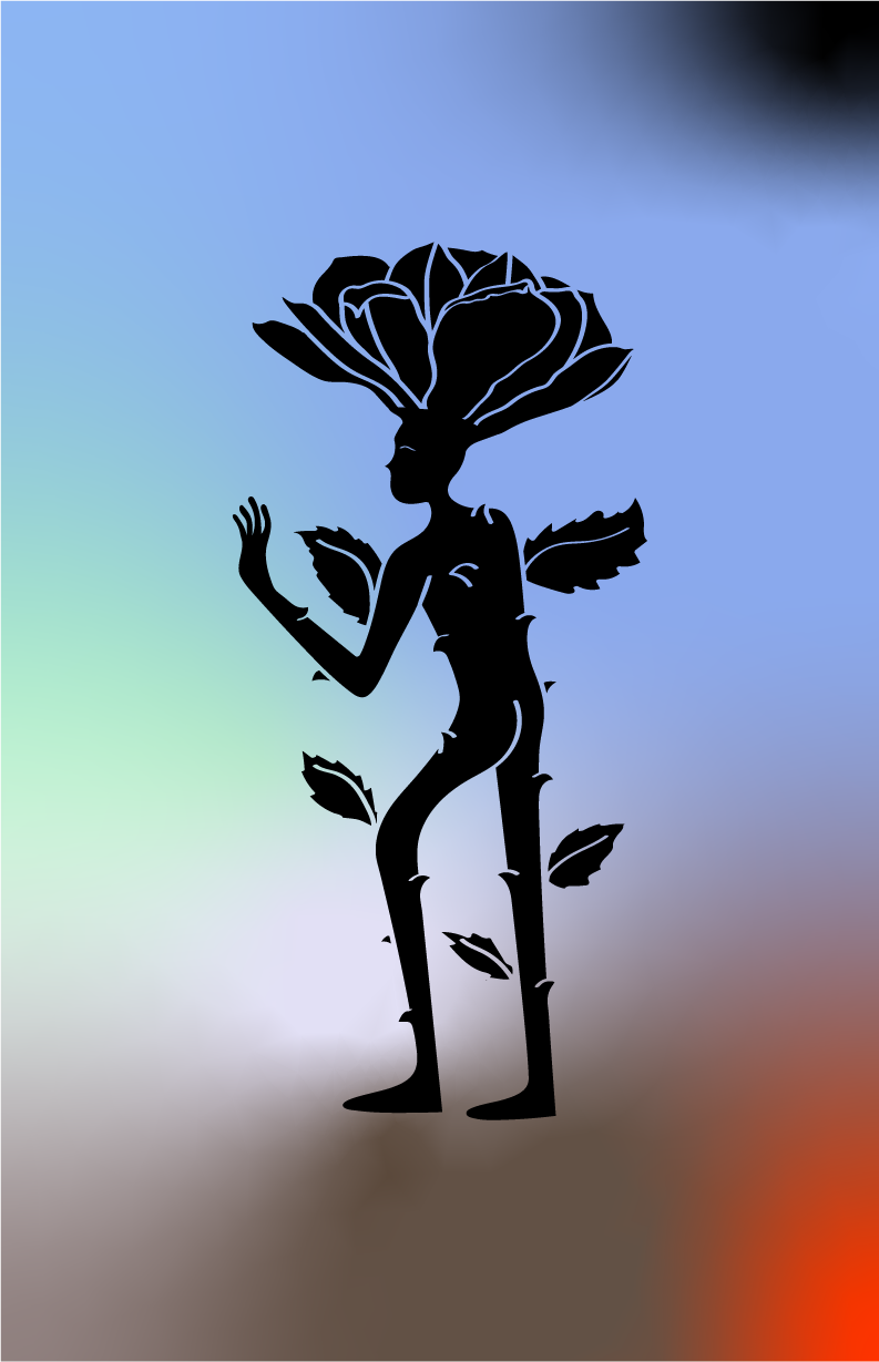 Silhouette of a person with a rose-shaped head, standing with one hand raised, surrounded by leaf motifs, against a blurred rainbow background.