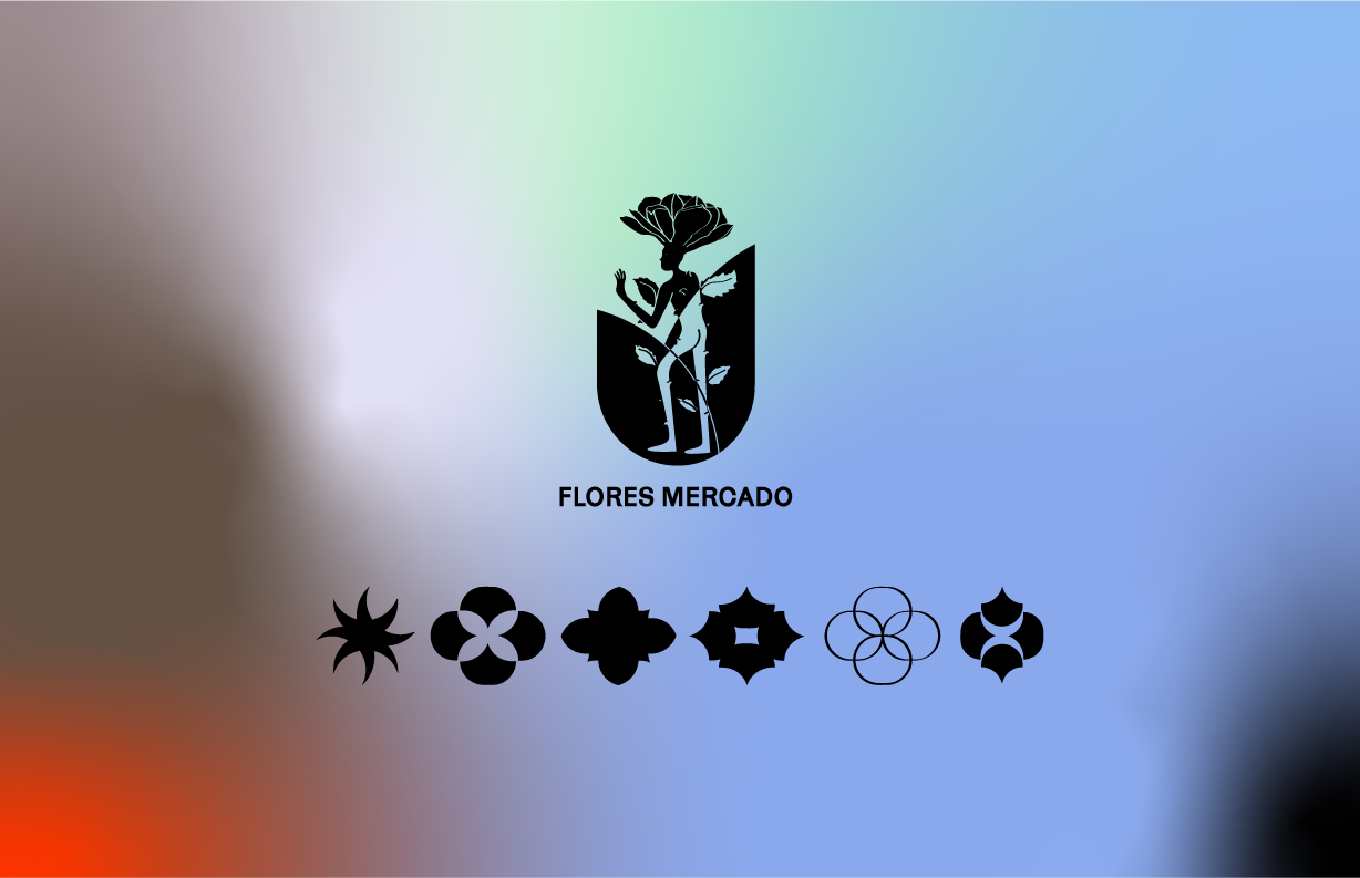 Logo of Flores Mercado with a stylized figure of a person and a flower on their head, accompanied by six decorative floral symbols below, set against a blurred multicolor background.