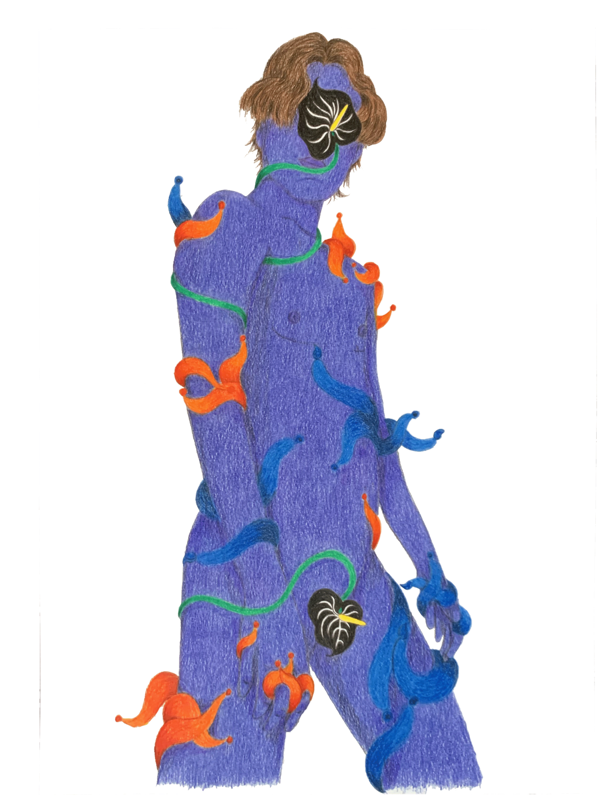 A colorful drawing of a blue humanoid figure with flowers, vines, and leaves growing on its body, and wearing a black and white mask with a yellow beak, set against a white background.