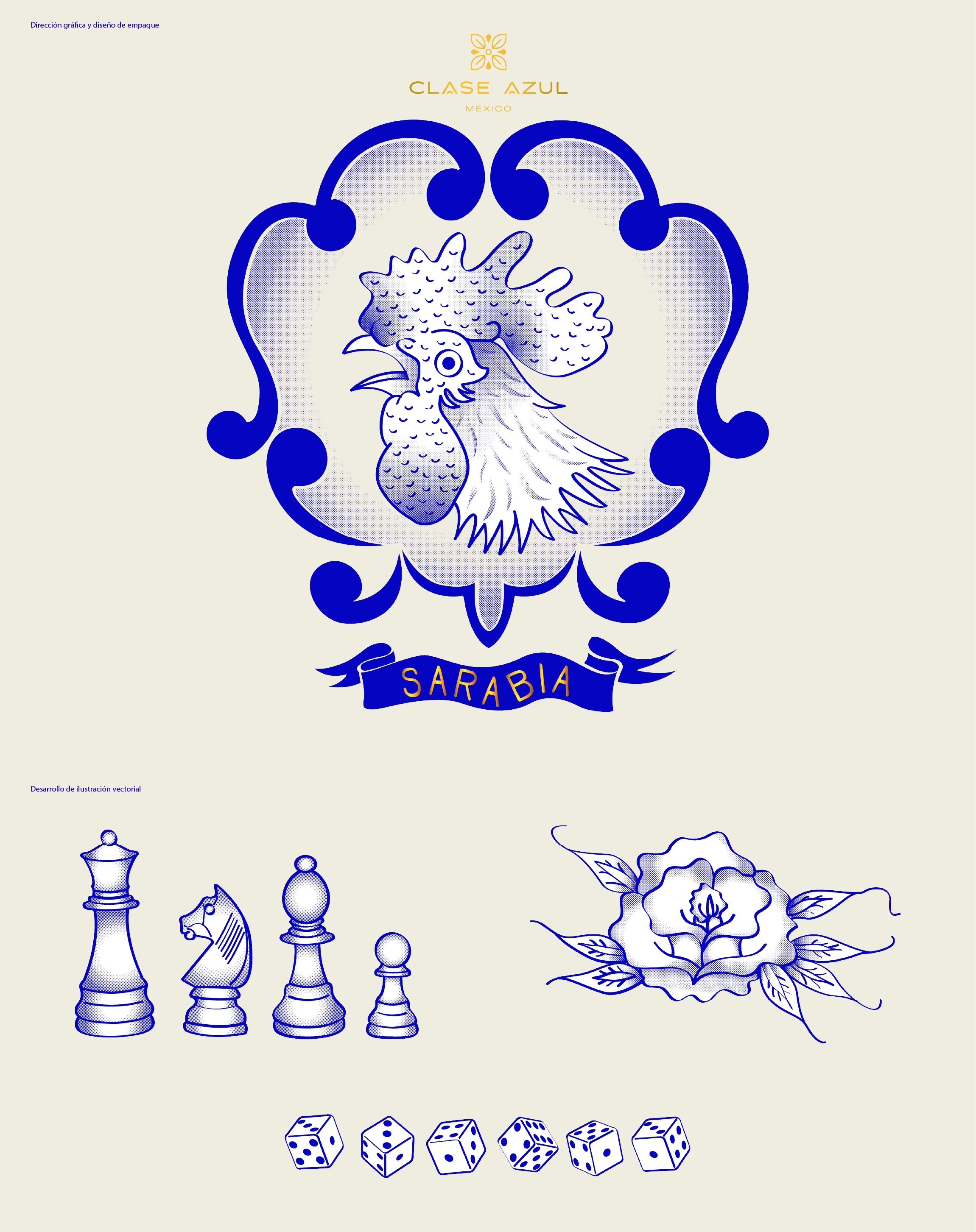 Illustration of a rooster head with a decorative frame, three chess pieces, a flower, and six dice, all in blue and white, with the text 'Clase Azul' and 'Sarabia'.