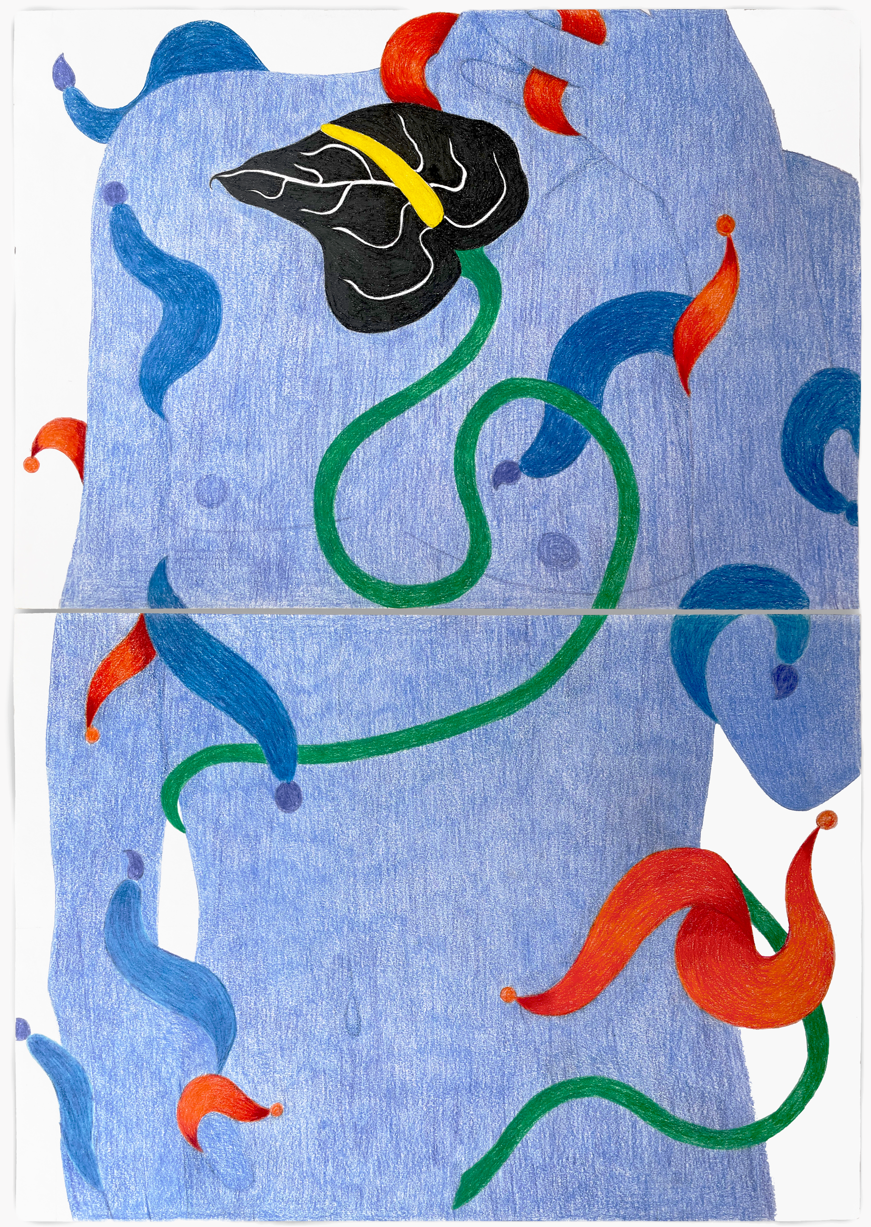 A colorful drawing of a person with a blue body, decorated with red, blue, and purple whimsical shapes and a black face with white markings, yellow, green, and red accents, and long green and red flowing lines.