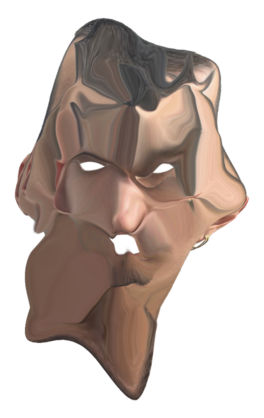 A distorted and abstracted image of a person's face with glasses and facial hair.