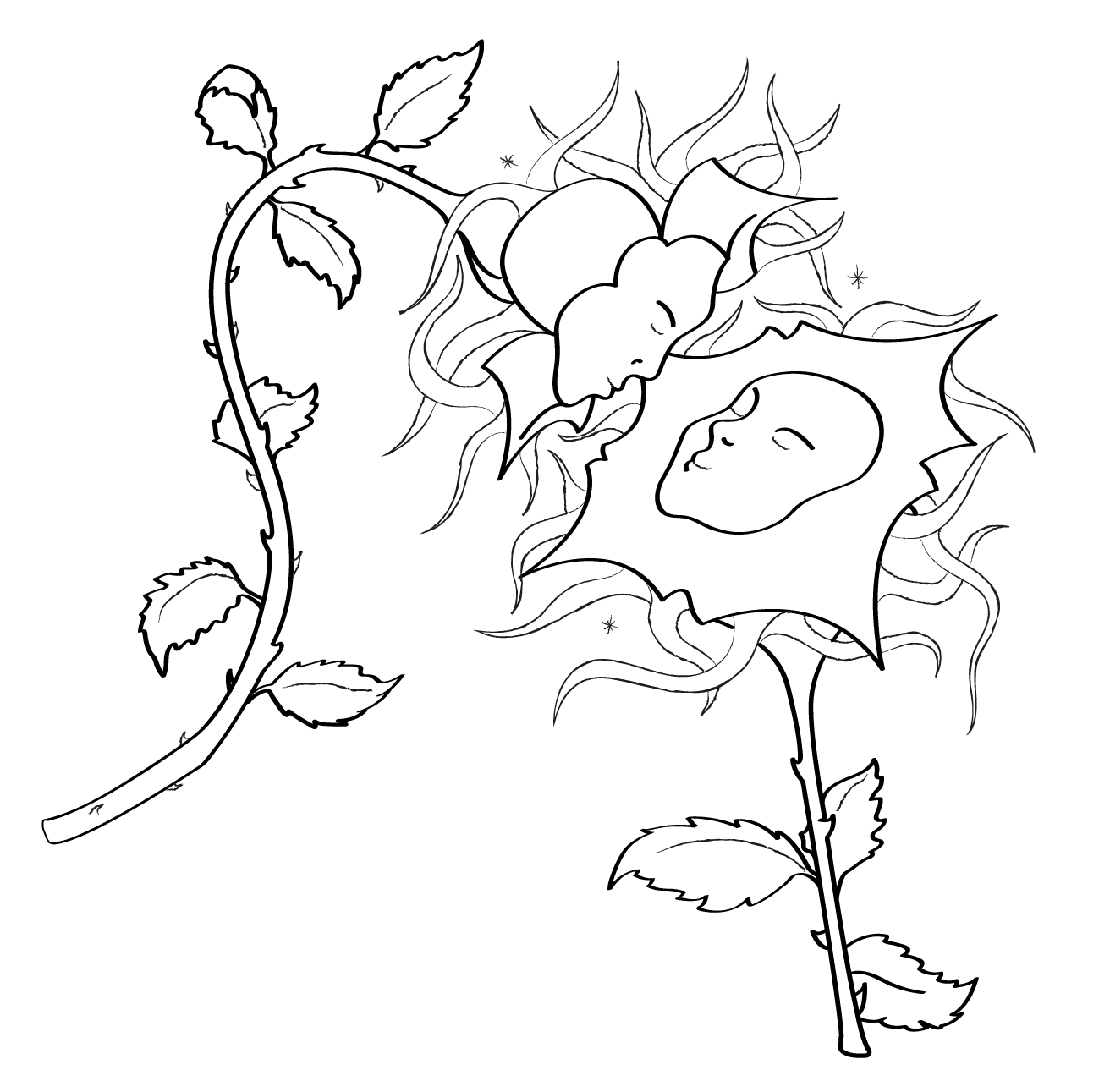 Black and white line drawing of two roses with faces in the center, surrounded by swirling leaves and petals.