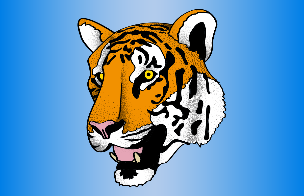 Illustration of a tiger's face with distinctive orange, black, and white fur on a blue gradient background.
