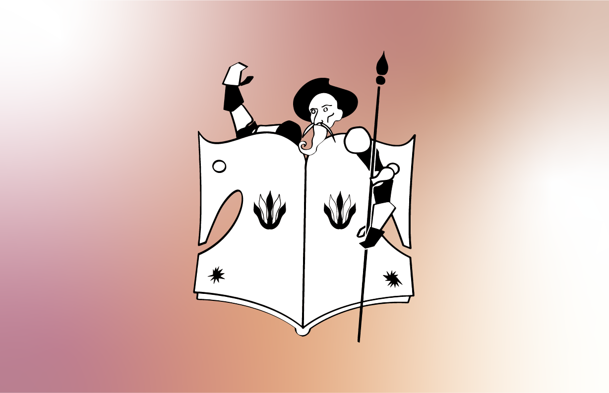 A cartoon knight with a shield, spear, and curly mustache, raising one arm, on a gradient background.