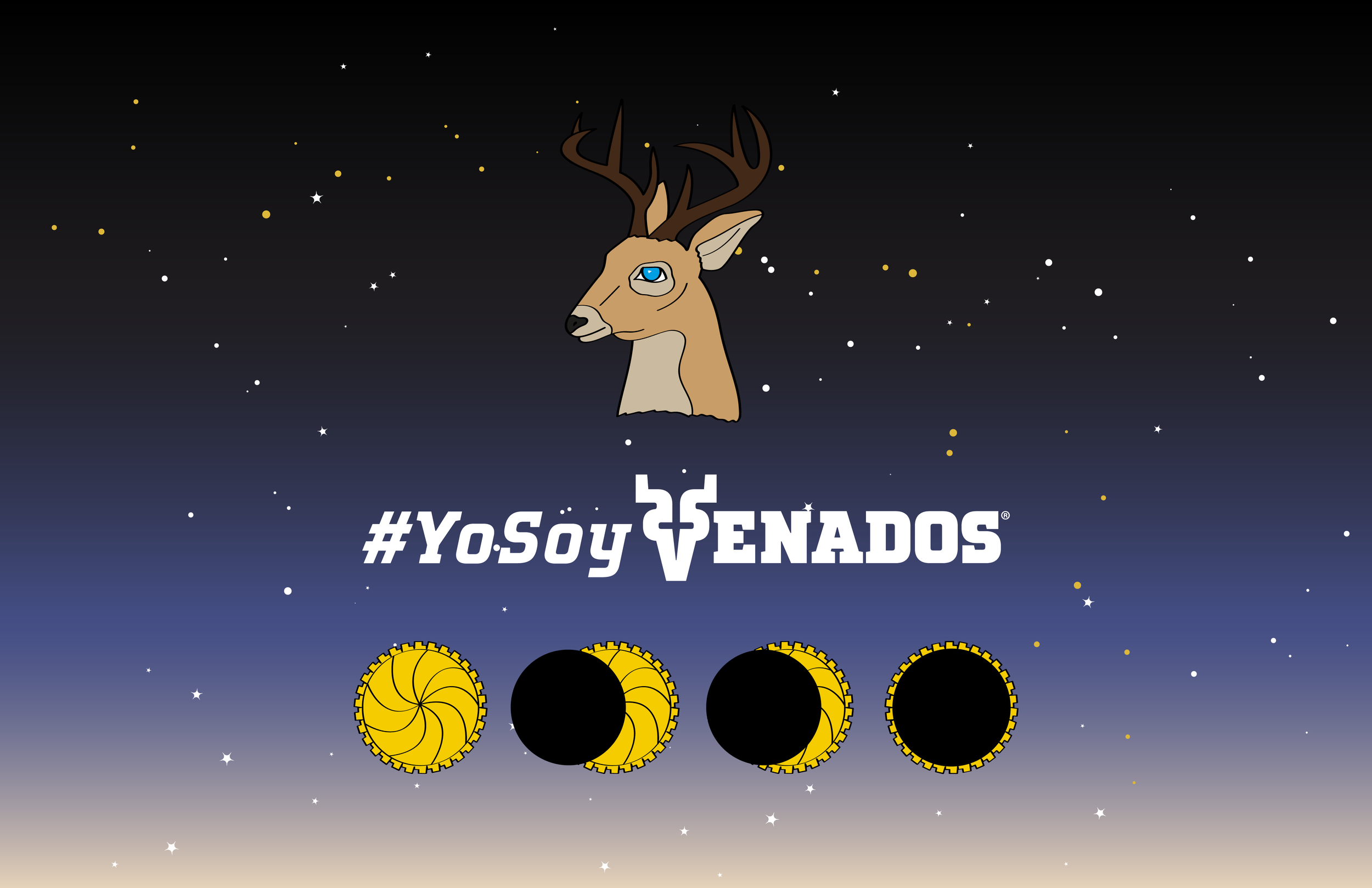 A graphic featuring a cartoon deer with blue eyes and antlers, set against a starry night sky. The text '#YoSoyVenados' is prominent with a deer antler integrated into the design, and there are four circular icons at the bottom, three of which are bl