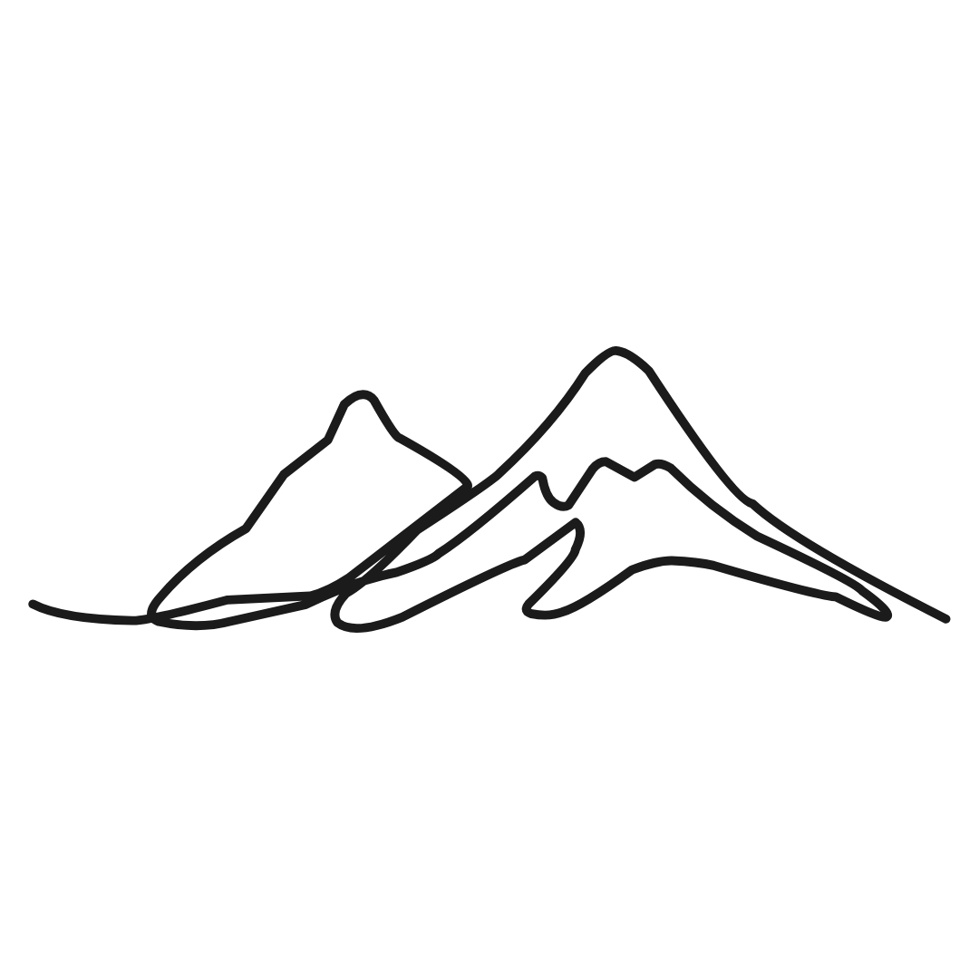 Line drawing of mountain peaks with snow caps on a plain