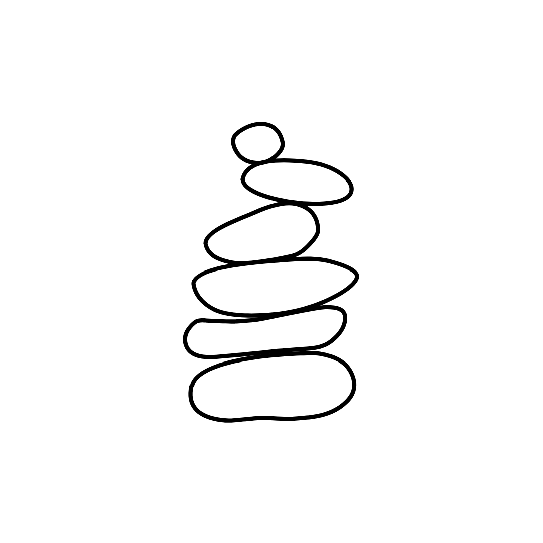 Black line drawing of stacked rocks on a white background.