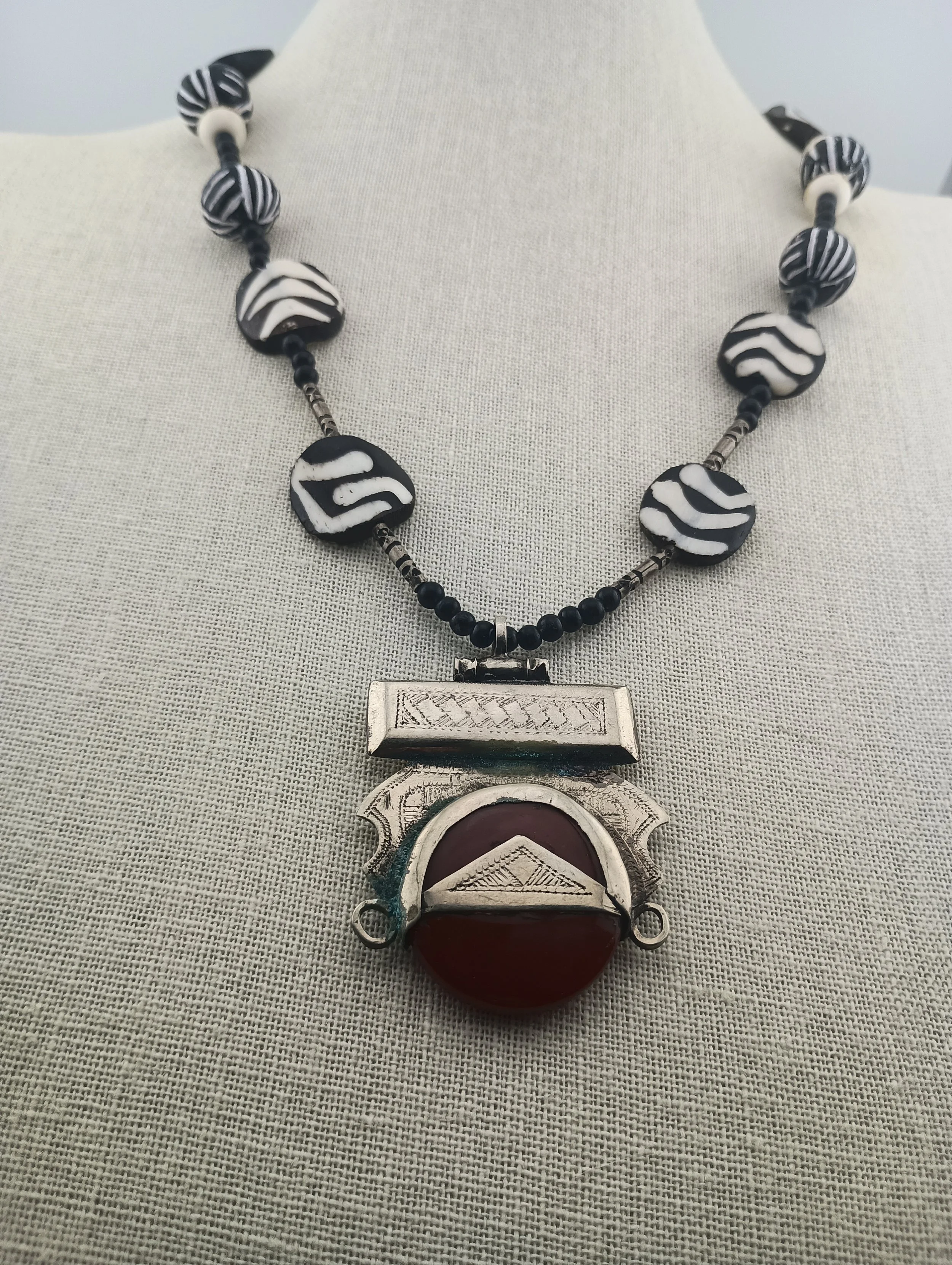 Carnelian Pendant Bone Beaded Necklace