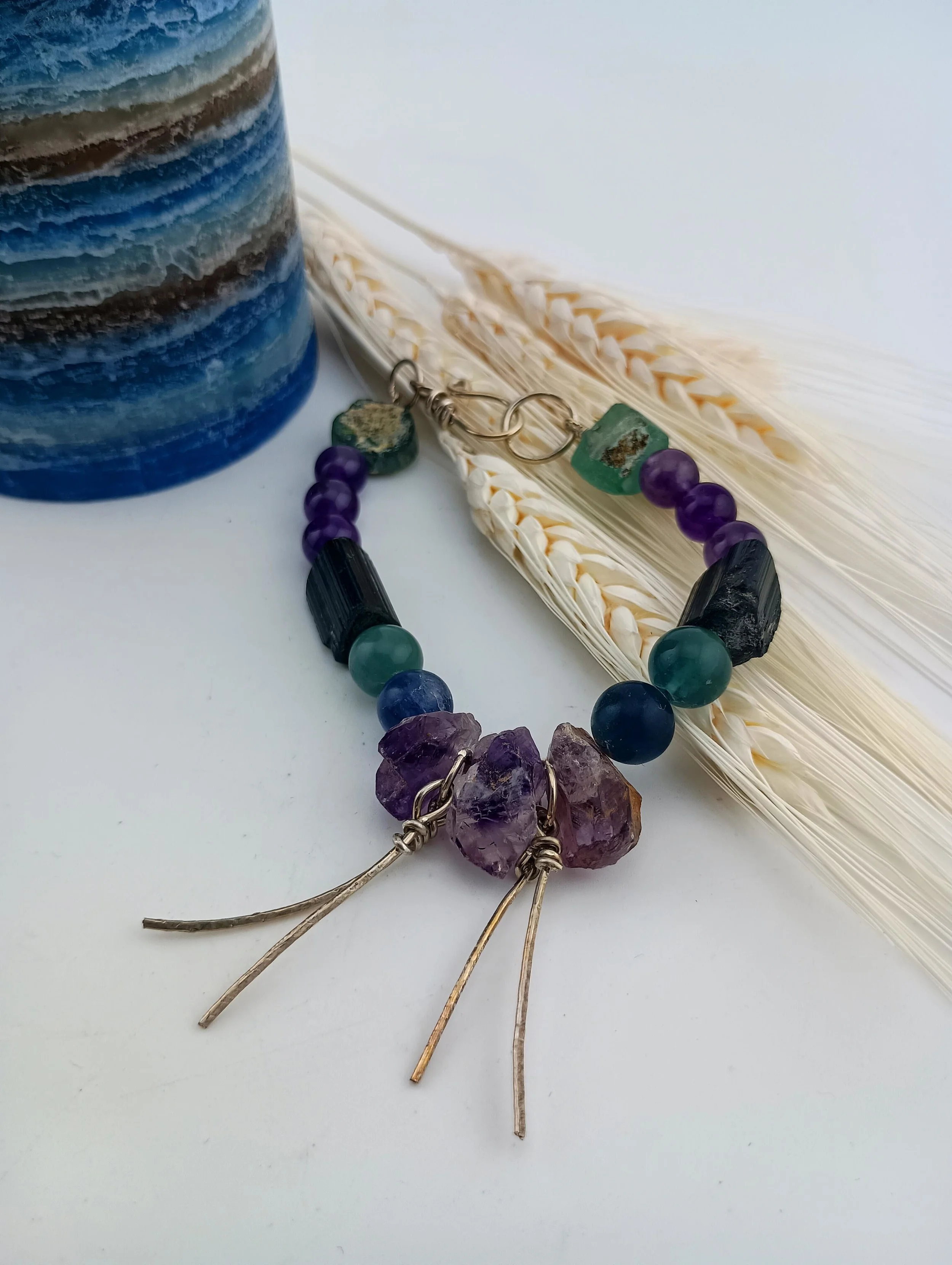 Intuitive Sanctuary: Amethyst, Fluorite & Tourmaline and Sterling Silver Bracelet
