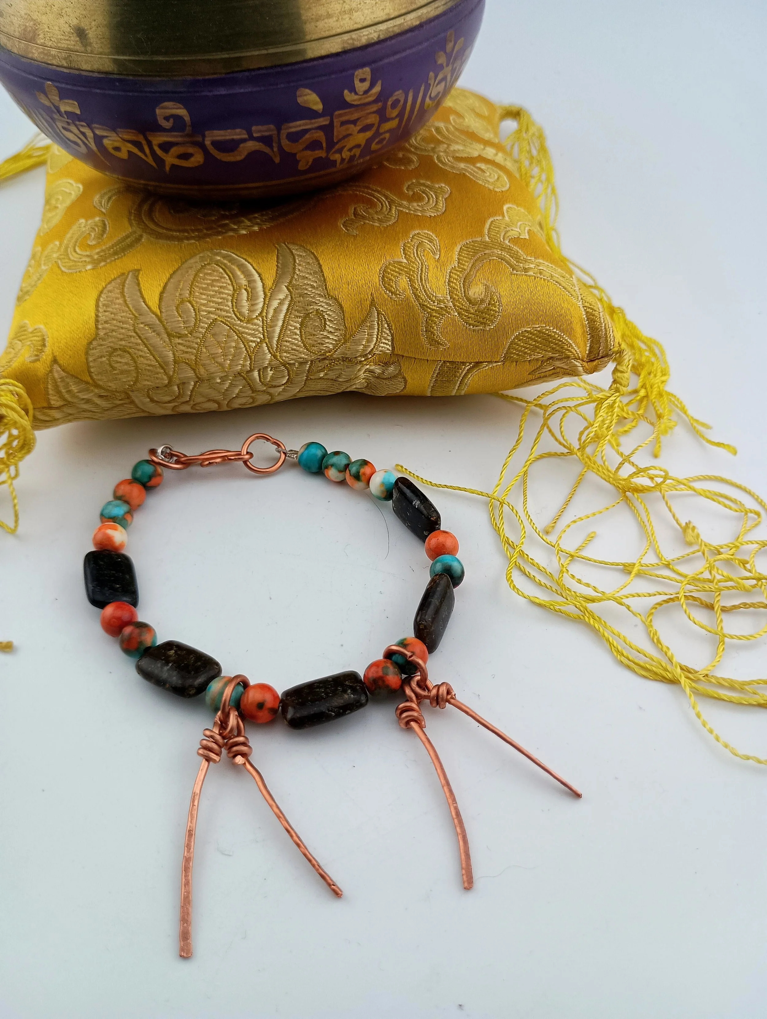 Cosmic Harmony: Handmade Galaxyite & Rainbow Calsilica Copper Bracelet (8")