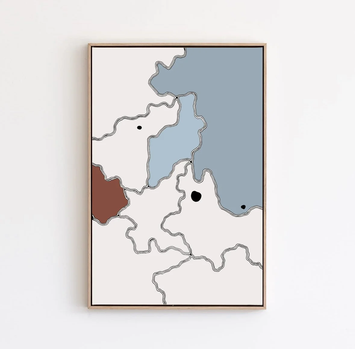 Abstract map with black lines, colored lakes or regions in blue, brown, and black dots on white background in a wooden frame.