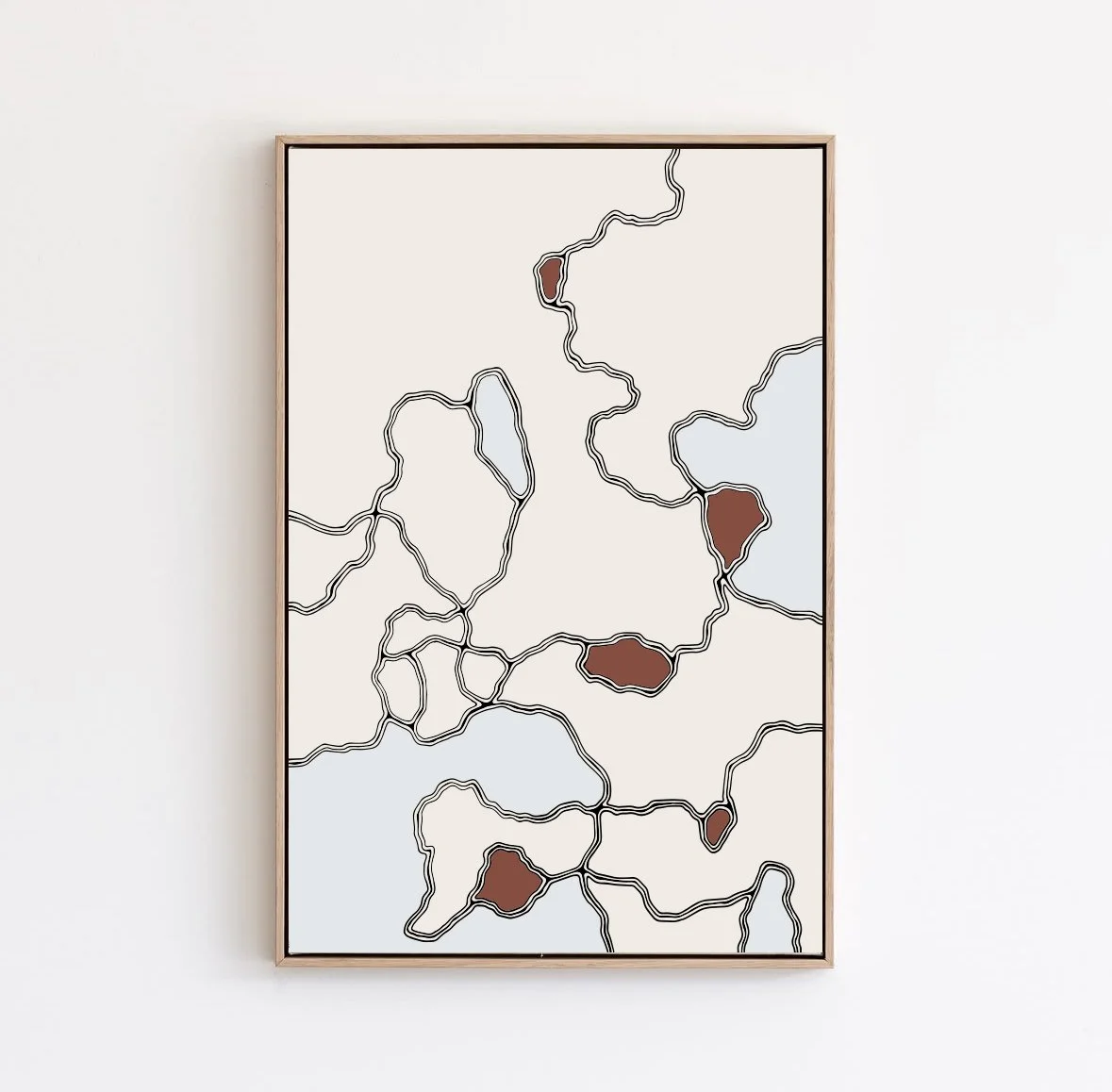 Abstract map with black lines, brown landmasses, and blue lakes on a cream background, framed on a white wall.