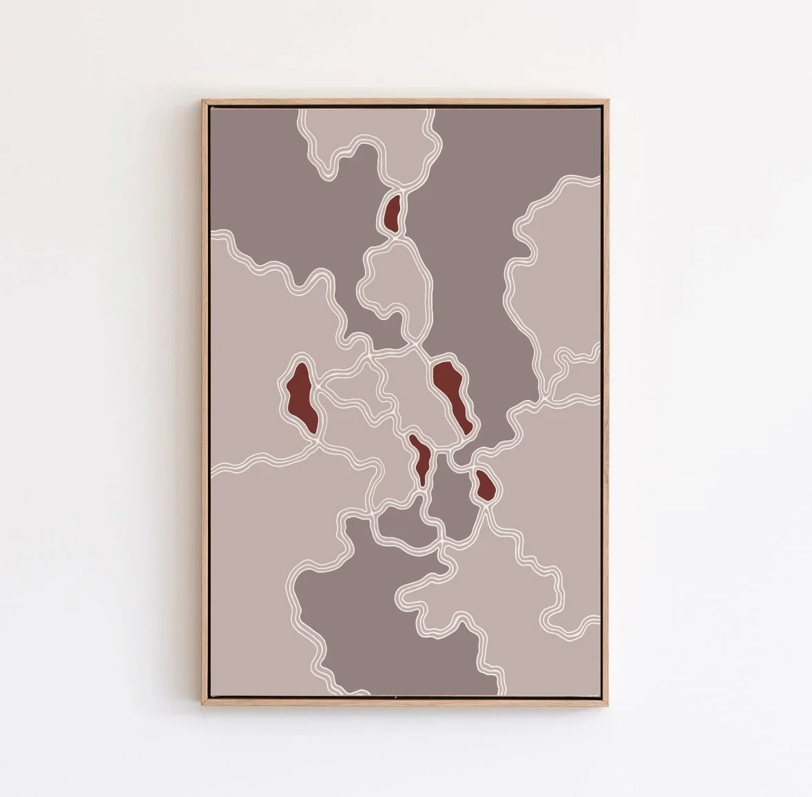 Abstract art piece with wavy white lines and brown shapes on a gray background, framed in light wood.