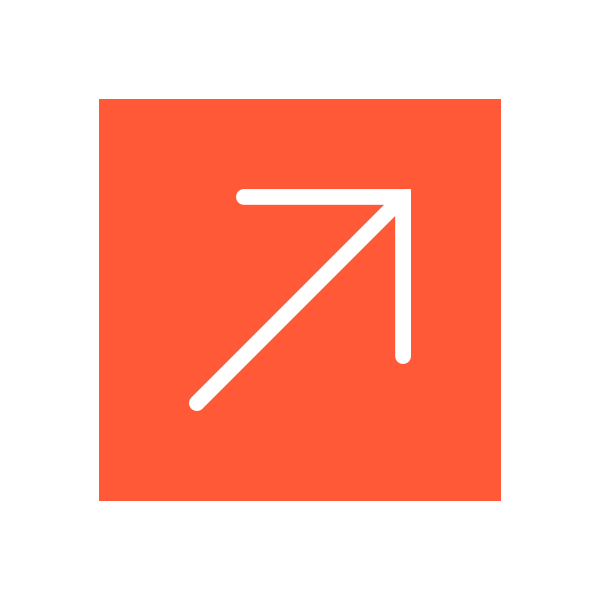Icon with an upward and rightward arrow on an orange square background.