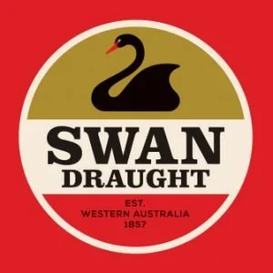 Logo with a black swan silhouette against a gold half-circle background, on a red circular background with white border. Text reads 'SWAN DRAUGHT' in bold black letters with 'EST. WESTERN AUSTRALIA 1857' in smaller font at the bottom.