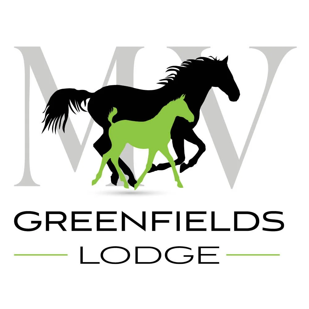 Logo of Greenfields Lodge featuring a black adult horse and a smaller green foal running together, with large grey letter W in the background and the text 'GREENFIELDS LODGE' below.
