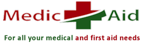 Logo of Medic Aid with a red cross and a green ambulance, and the text 'For all your medical and first aid needs'.