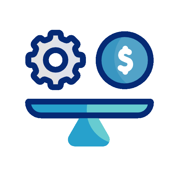 Icon of a gear and a dollar sign on a balanced scale.