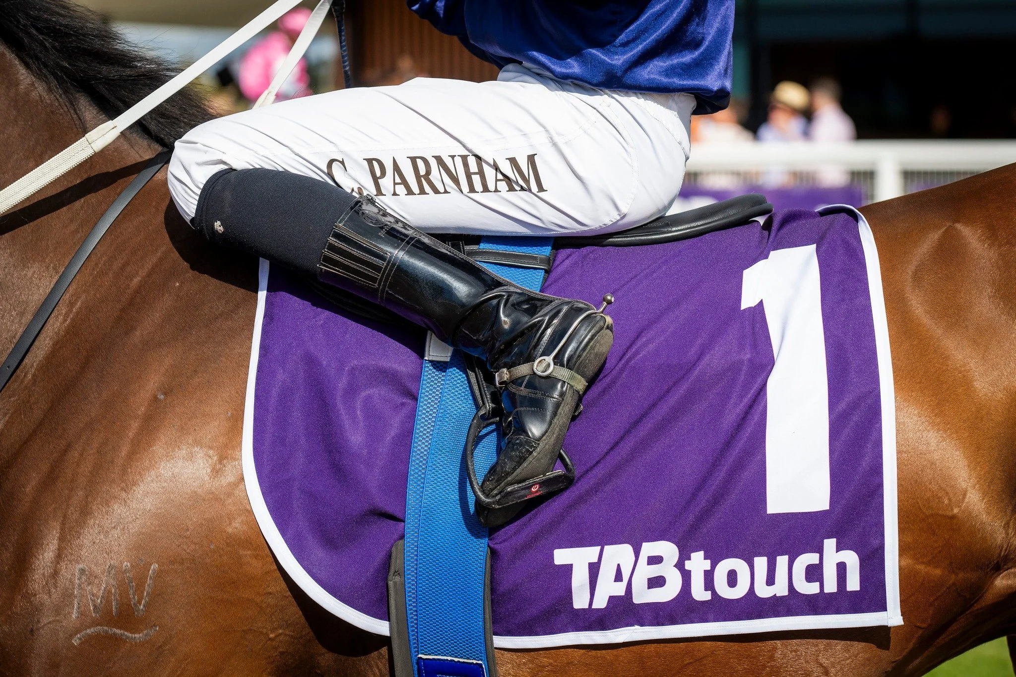 Close-up of a jockey riding a horse, showing the rider's white pants with 'S. Parham' written on them and a purple saddle cloth with the number 1 and 'TABtouch'