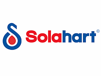 SolaHart logo with a stylized flame icon in blue and red, and the company name in red and blue text.