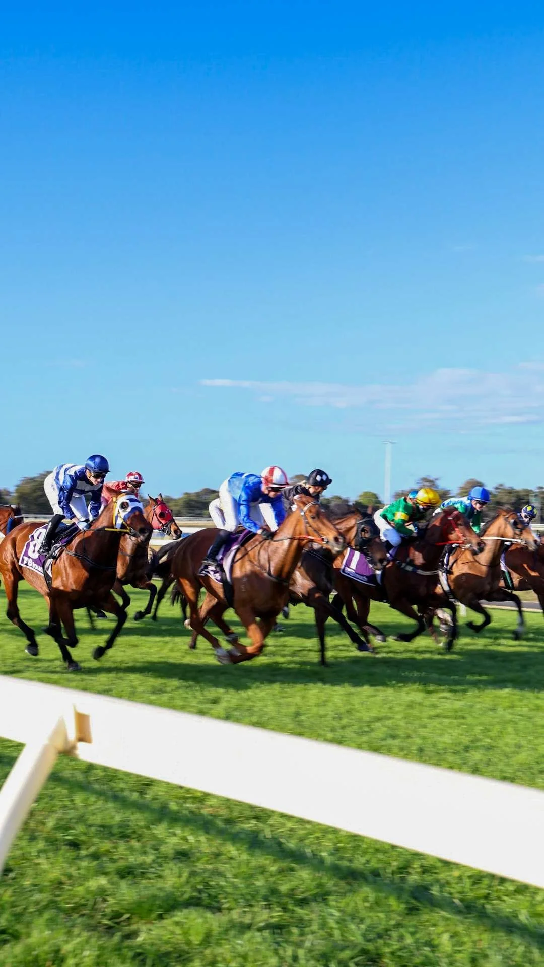 Four young adults, two men and two women, smiling and holding cans of soda at Bunbury Turf Club at a racing event, with a crowd and colourful banners in the background.