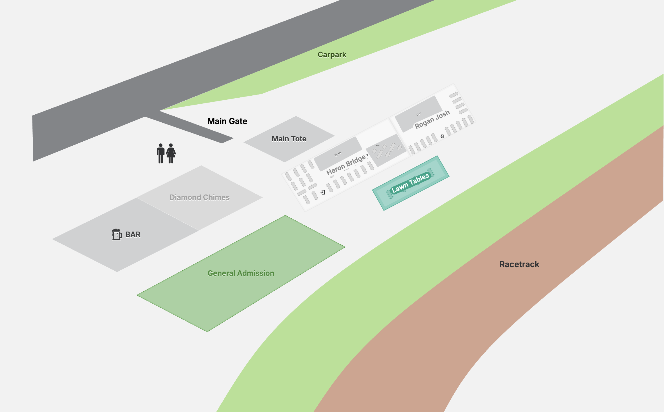 A map of a racing venue showing main gate, main tote, diamond chimes, bar, general admission area, lawn tables, Heron Bridge, Rogan Josh, and racetrack, with a parking area and restrooms near the main gate.