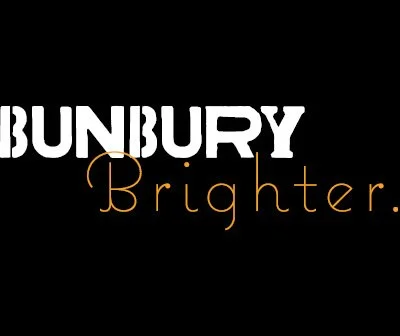 Bunbury Brighter logo with black background, white text for 'BUNBURY' and orange and white text for 'Brighter.'