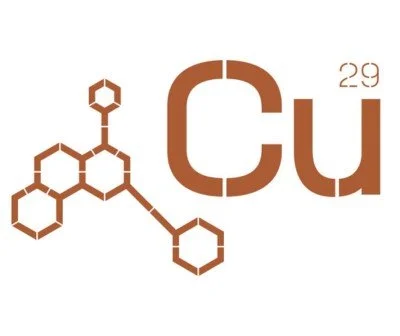 Chemical structure diagram of a molecule, with the symbol Cu and the number 29.