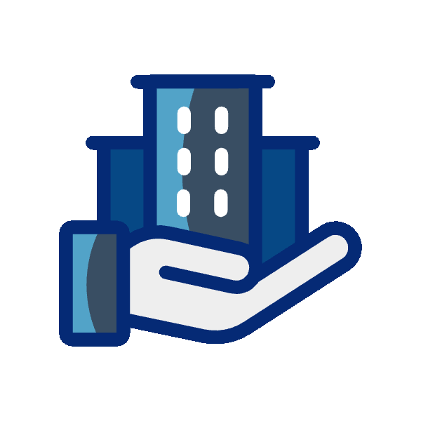 Icon of a hand holding a tall building with lit windows, representing real estate or property management