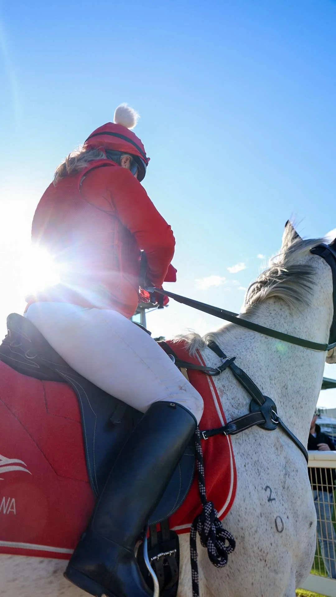 Person riding a white horse with red gear, wearing a red jacket, white pants, black boots, and a beanie with a pom-pom, against a clear blue sky with sunlight