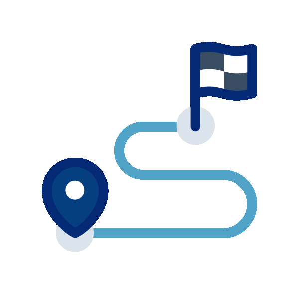 Map with a route marked from a location pin to a flag.