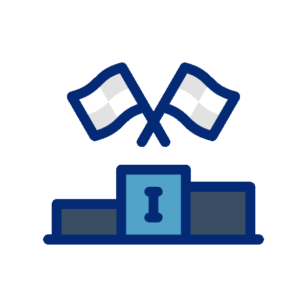 A digital illustration of a winners' podium with two checkered flags crossed above it.