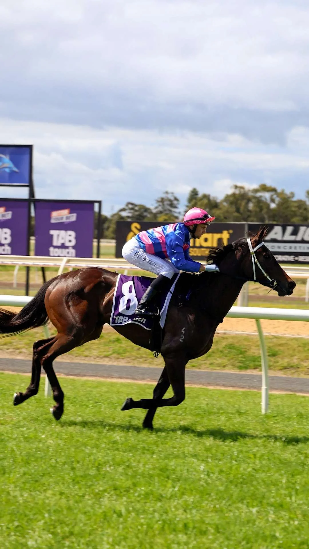 Jockey riding a dark brown horse during a race on a grassy track.