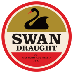 Logo of Swan Draught featuring a black swan silhouette on a gold background with white and red accents, and text indicating its establishment in Western Australia in 1857.