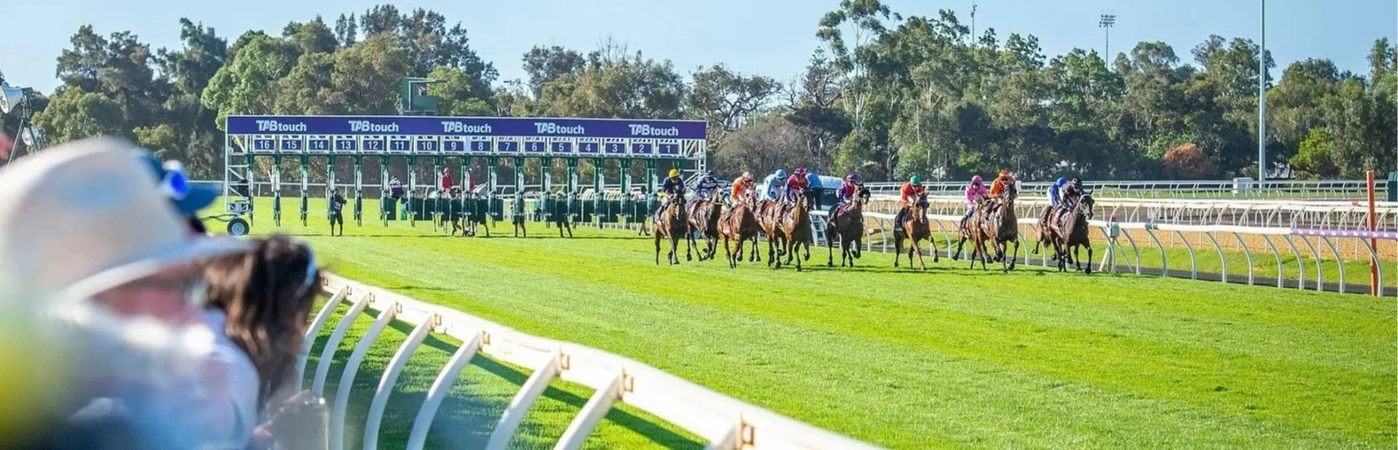 Horse race with jockeys riding horses at Bunbury Turf Club, spectators in the foreground, and a starting gate in the background.
