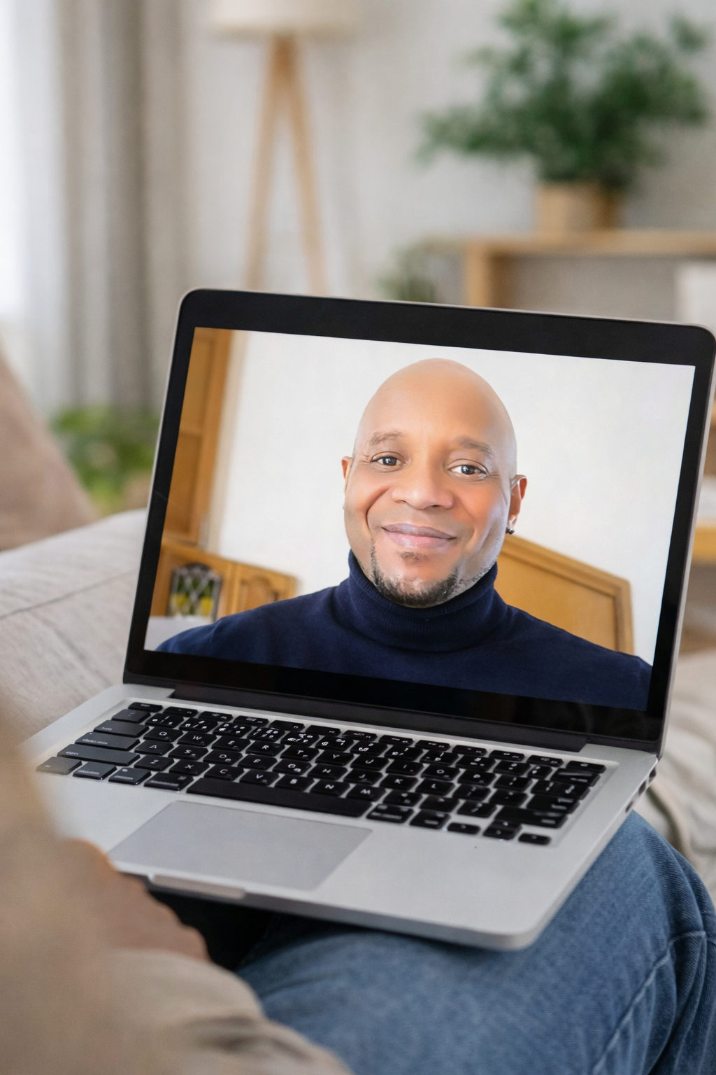 Person on a video call with a smiling man wearing a black turtleneck shown on a laptop screen.