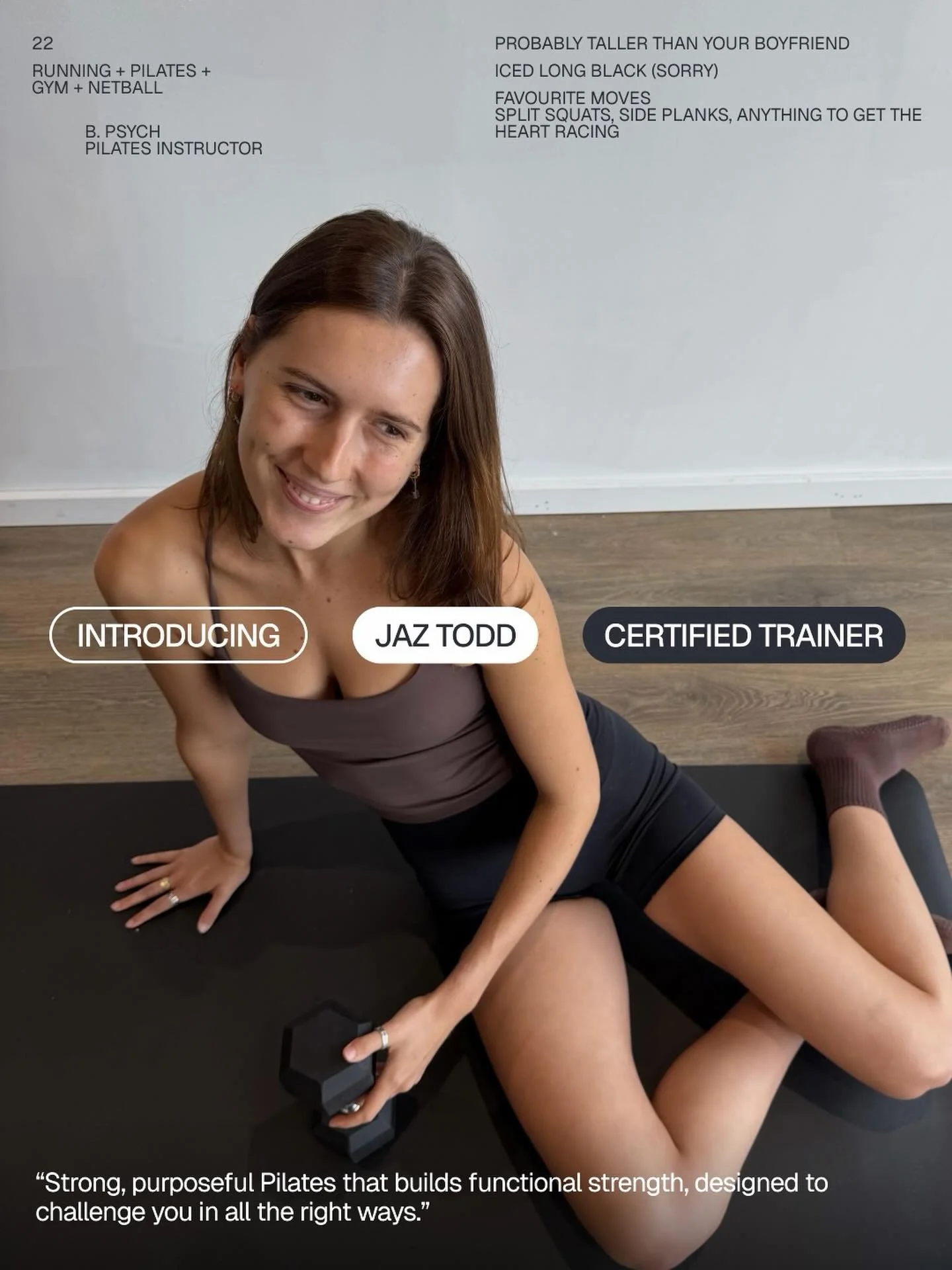 Meet the Trainer: @jaztodd ✨

Expect good tunes and great energy ❤️&zwj;🔥 (Also makes a great coffee - a true all rounder). Catch Jaz on Tuesday and Friday PMs in studio (5/6/7PM).

Book in now 🔗

#matpilates #pilatesinstructor #pilatesstudio #news