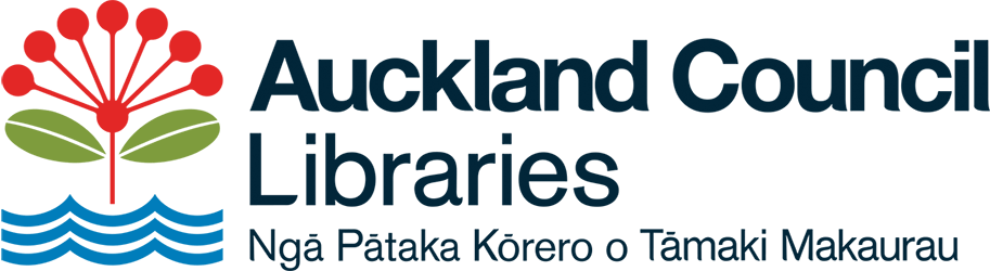 Auckland Council Libraries logo featuring a stylized red flower with nine petals, green leaves, and blue water waves beneath the text.
