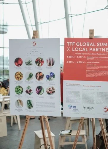 Two informational posters on easels inside a modern building with large windows. The left poster has images of food items, and the right poster has a red background with white text about a global summit.