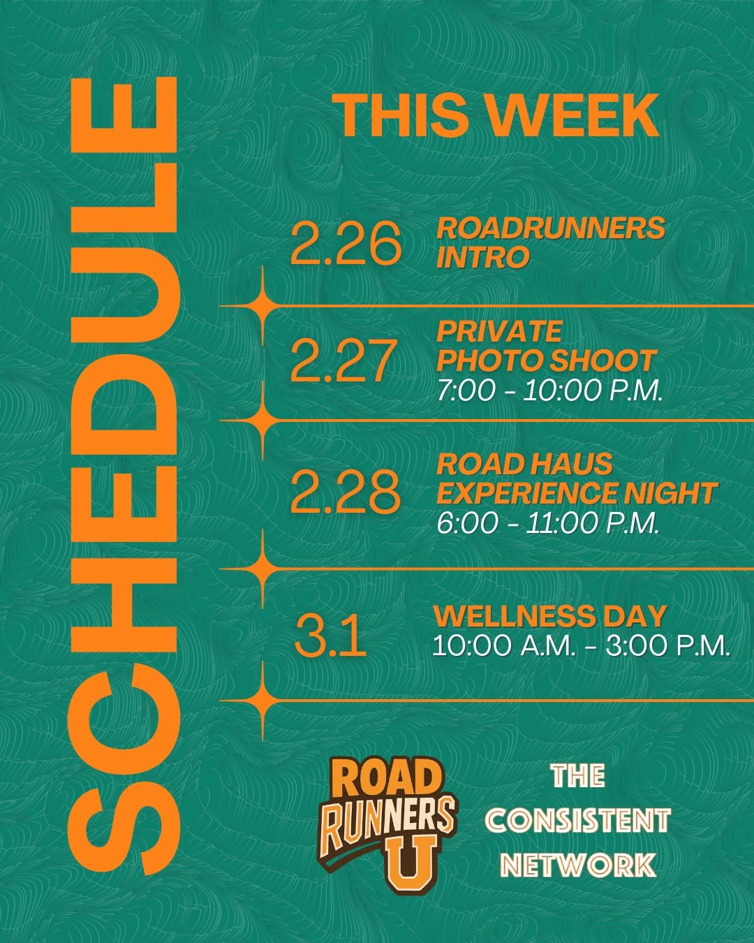 Scottsdale, we&rsquo;re on the way! 🏃&zwj;♂️&zwj;➡️ Road Haus Schedule for the weekend! You do not want to miss out on this!!

If you have any questions feel free to reach out to us or any member of the @roadrunners.u team! 📲

@caeden 
@nick_adgar 