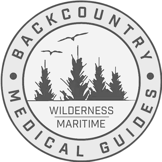 A circular logo with trees, birds, and text Backcountry Medical Guides