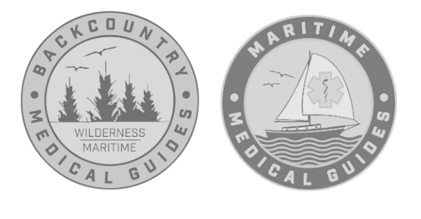 Two medical guide badges, one for Backcountry Medical Guides with trees and birds, and one for Maritime Medical Guides with a sailboat and medical symbol.