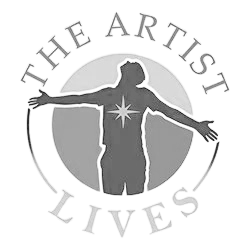 Logo of 'The Artist Lives' featuring a silhouette of a person with arms outstretched inside a circle and a star at the center.