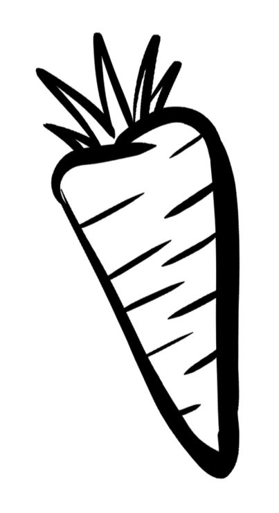 A white stylized carrot with green leaves on black background.
