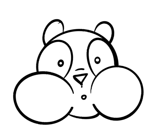 Black and white cartoon bear face with wide eyes, small nose, and round cheeks.