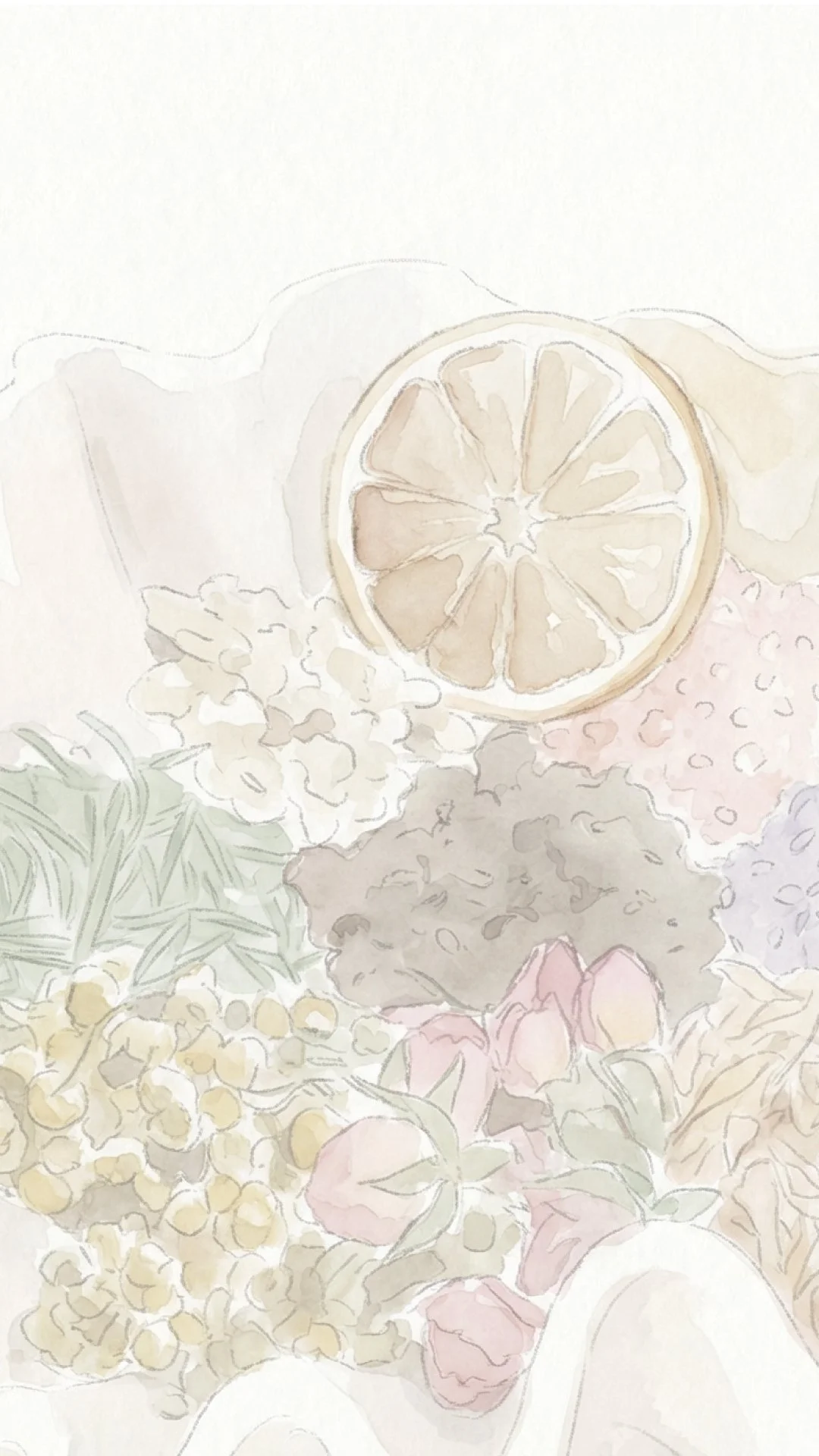 Watercolor illustration of lemon slices, white and pink flowers, and greenery, with a soft pastel color palette.