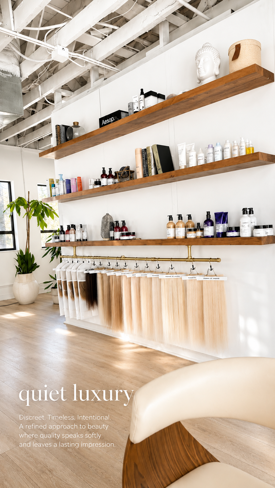 Quiet luxury wooden shelves displaying premium hair products