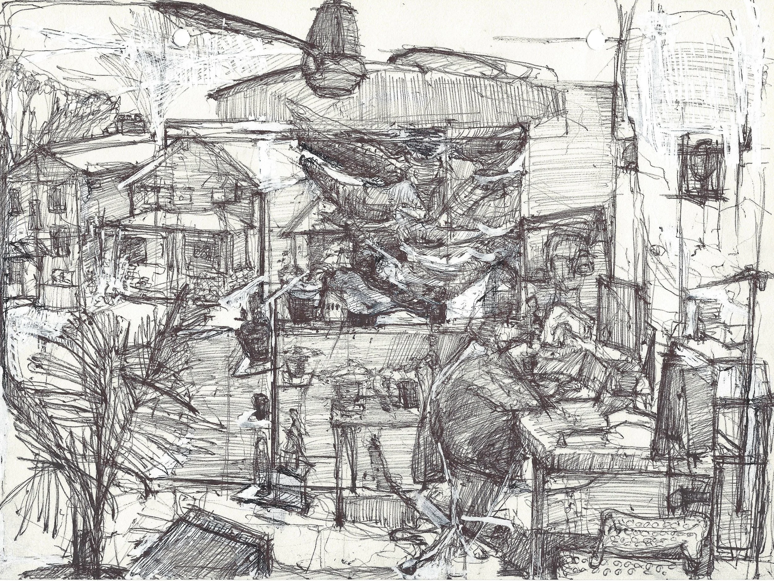 At St. Louis, 2025, ink on paper, 11''x8''